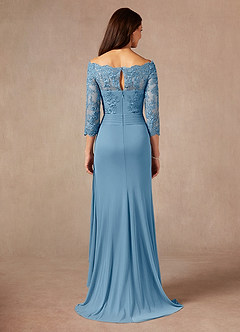 Azazie Rhonda Mother of the Bride Dresses Steel Blue Mermaid Off the Shoulder Mesh Dress image2