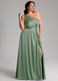 Azazie Brooke Vestidos de damas de honor Vestido de Matcha de Satén Elástico de Corte en A con Hombro unilateral image11