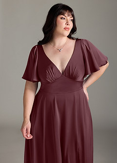 Azazie Kimber Bridesmaid Dresses Sangria A-Line Ruched Stretch Satin Dress image11