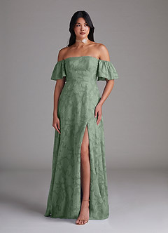Azazie Sue Robes de demoiselle d'honneur Robe Trapèze Convertible en Blumen-Burnout Épaule décolletée Matcha image5