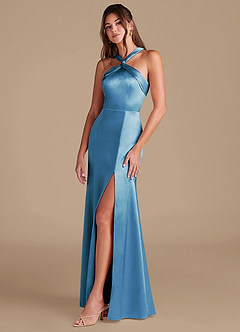 Azazie Rue 신부 들러리 드레스 쉬스 주름진 메탈릭 새틴 바닥 길이 드레스 image5