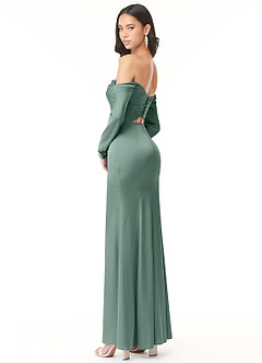 Azazie Hallie Vestidos de damas de honor Vestido de Eucalipto de Satén Elástico de Corte Recto Convertible con Manga larga con hombros descubiertos image6