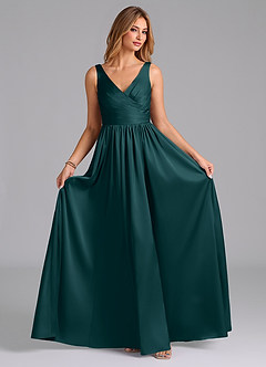 Azazie Keyla Final Sale Pine A-Line Pleated Stretch Satin Dress image3