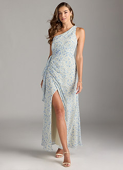 Azazie Maive Bridesmaid Dresses Blue And White Ditsy Floral Sheath Pleated Ruffle Chiffon Dress image1