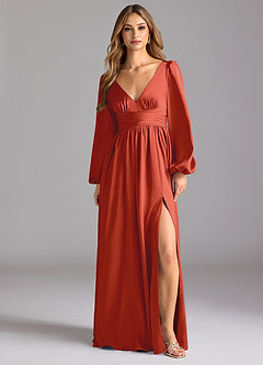 Azazie Norah Robes de demoiselle d'honneur Robe Trapèze en Satin extensible Rouille image1