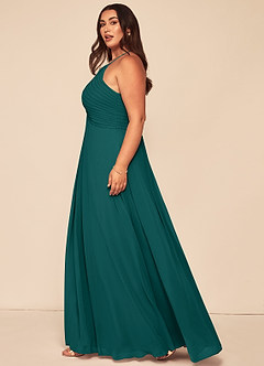 Azazie Ginger Brautjungfernkleider A-Linie Halter Gefaltet Chiffon Kleid Pfau image13