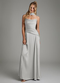 Azazie Gabriela Bridesmaid Dresses Silver A-Line Corset Stretch Satin Dress image1