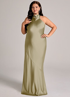 Azazie Velli Brudtärnklänningar Klä av Sjöjungfru i Stretch Satin Hög hals Mossgrön image10