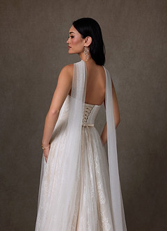 Azazie Adriana At-home Try On Dresses Diamond White Champagne A-Line Strapless Lace Dress image8