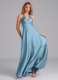 Azazie Tessie Bridesmaid Dresses Steel Blue A-Line Pleated Stretch Satin Dress image3