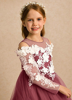 Azazie Lilah vestidos de niña de las flores Vestido Merlot de Tul de Línea A con Encaje image6