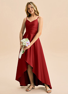 Azazie Eirlys Junior A-Linie Plissee Stretch-Satin Kleid Granatapfelrot image4