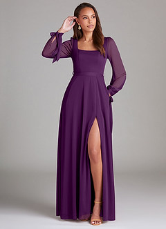 Azazie Leonia Bridesmaid Dresses Grape A-Line Long Sleeve Mesh Dress image1