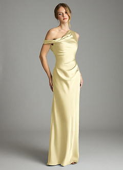 Azazie Emerson Bridesmaid Dresses Lemon Sorbet Mermaid Off the Shoulder Stretch Satin Dress image5