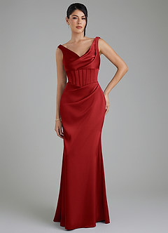 Azazie Spencer Bridesmaid Dresses Pomegranate Mermaid Pleated Stretch Satin Dress image1