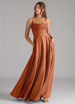 Azazie Shaude Bridesmaid Dresses Copper A-Line Pleated Stretch Satin Dress image3