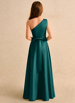 Azazie Puddles Girls Formal Abiti da Ragazza di Fiori Abito A-Line in Raso Opaco Monospalla Verde Pavone image3