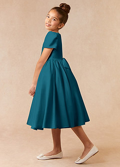 Azazie Anirra Flower Girl Dresses Ink Blue Ball-Gown Pleated Matte Satin Dress image3