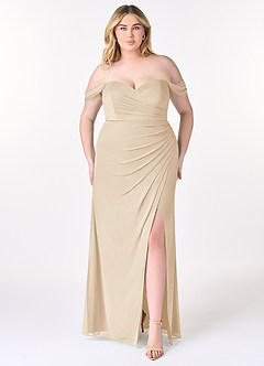 Azazie Tessa Vestidos de damas de honor Vestido de Champán de Malla de Corte Recto Convertible con Cariño Fuera Del Hombro image8