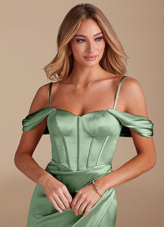 Azazie Asha Vestidos de damas de honor Vestido de Matcha de Satén Metálico de Corte Recto con Vestidos sin tirantes image2