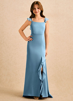 Azazie Novalie Girls Formal Abiti da Ragazza di Fiori Abito Sirena in Raso Elasticizzato Fiocco Blu Acciaio image4
