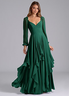 Azazie Karan Bridesmaid Dresses Emerald A-Line Long Sleeve Chiffon Dress image1