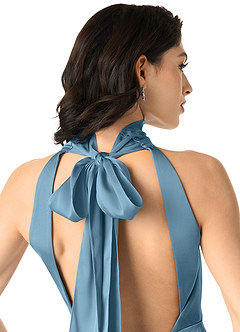 Azazie x Delaney Bridesmaid Dresses Steel Blue Sheath High Neck Stretch Satin Dress image5