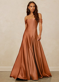 Christian Siriano Bridal for Azazie 1002 Robes de demoiselle d'honneur Robe Trapèze Convertible en Satin extensible Épaule décolletée Cuivre image1