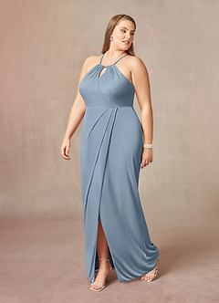 Azazie Hadid At-home Try On Dresses Dusty Blue Sheath Pleated Mesh Dress image9