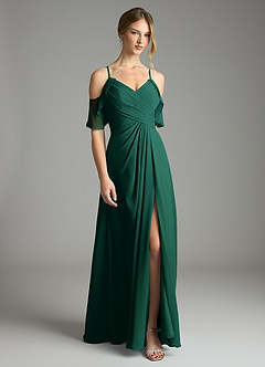 Azazie Dakota Bridesmaid Dresses Emerald A-Line V-Neck Pleated Chiffon Dress image3