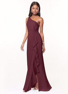 Azazie Liza Vestidos de damas de honor Vestido de Cabernet de Gasa de Corte Sirena con Hombro unilateral image1