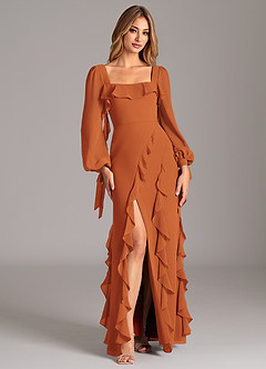Azazie Malia Bridesmaid Dresses Cinnamon A-Line Long Sleeve Chiffon Dress image5