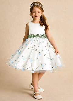 Azazie Starri Flower Girl Dresses Sky Blue Dusty Sage Ball-Gown Beaded Matte Satin Dress image3