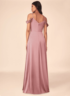 Azazie Ocean Vestidos de damas de honor Vestido de Rosa Polvorienta de Satén Elástico de Corte en A con Cuello en V Plisado image5