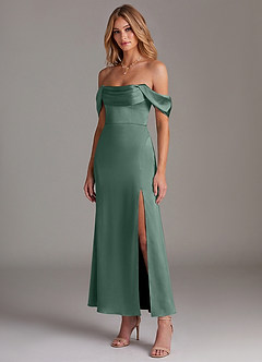 Azazie Saige Abiti da Damigella Abito Sirena in Raso Elasticizzato a Spalla Scoperta Eucalipto image4