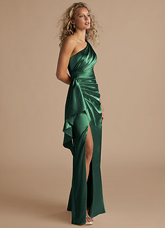 Azazie Maive Bridesmaid Dresses Dark Green Sheath Ruched Metallic Satin Dress image4