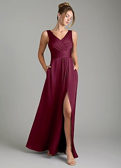 Azazie Karina Bridesmaid Dresses Mulberry A-Line Pleated Stretch Satin Dress image1