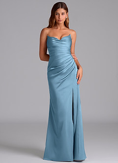 Azazie Claudelle Jurken voor bruidsmeisjes Jurk van Stretch Satijn met Zeemeermin Strapless Staal Blauw image6