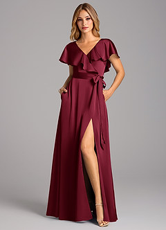 Azazie Lainey Bridesmaid Dresses Burgundy A-Line with Pockets Stretch Satin Dress image4