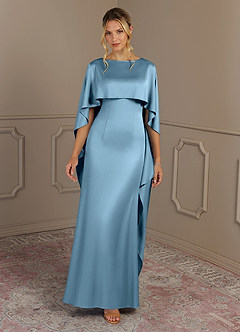 Azazie Eli Mother of the Bride Dresses Steel Blue Sheath Boatneck Stretch Satin Dress image4