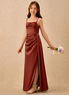 Azazie Shyla Girls Formal Jurken voor bloemenmeisjes Kolom Jurk van Stretch Satijn Geplooide Terracotta image1