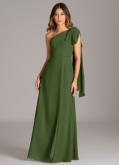 Azazie Tella Bridesmaid Dresses Olive A-Line One Shoulder Chiffon Dress image2