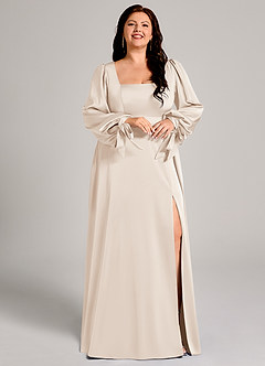 Azazie Leonia Bridesmaid Dresses White Alabaster A-Line Long Sleeve Stretch Satin Dress image12