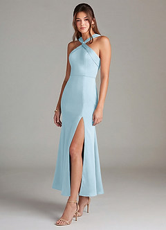 Azazie Rue Vestidos de damas de honor Vestido de Azul Cielo de Satén Elástico de Corte Sirena con Plisado image4