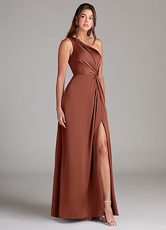 Azazie Brooke Bridesmaid Dresses Clay A-Line One Shoulder Stretch Satin Dress image4