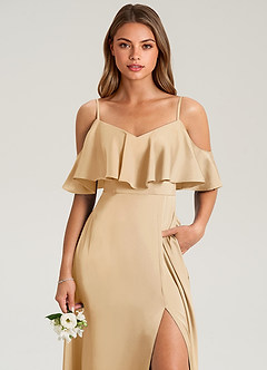 Azazie Jean Bridesmaid Dresses Gold A-Line Off the Shoulder Stretch Satin Dress image6