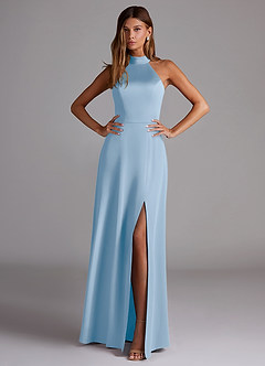 Azazie Myra Bridesmaid Dresses Powder Blue A-Line High Neck Stretch Satin Dress image3