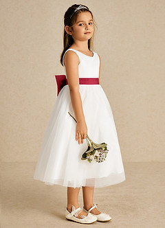 Azazie Kavi Flower Girl Dresses Ivory Scarlet A-Line Bow Matte Satin Dress image4