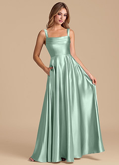 Azazie Shaude Bridesmaid Dresses Agave A-Line Pleated Metallic Satin Dress image3