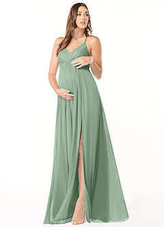 Azazie Annabelle At-home Try On Dresses A-Line V-Neck Pleated Mesh Floor-Length Dress image1